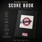 Programmable score book notebook with logo sticker and read-only stamp, shown with feature icons (A4 size, 30 games) on dark background