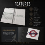 Open notebook showing tabular pages on a dark background with a 'FEATURES' header and right-side icon bullet list (A4 size, 30 games, 1 game per page, original sticker).