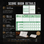 Poster explaining Score Book Details: four features, sample score sheets, and portability notes.