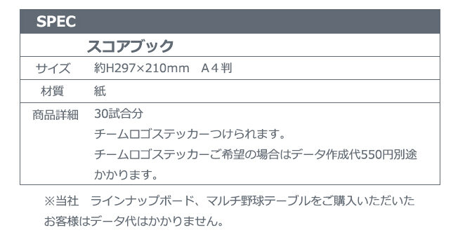 SPECスコアブックの仕様表。サイズ約H297×W210mm（A4判）、材質は紙、30試合分。チームロゴステッカー付与可、希望時はデータ作成代550円別途。