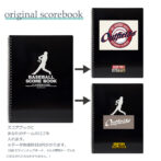 Left: original black baseball scorebook, right: two customized covers with Outfields logos (top and bottom).