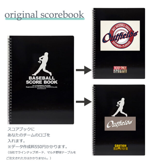 Left: original black baseball scorebook, right: two customized covers with Outfields logos (top and bottom).